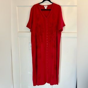 🌶️ Expressions Red Embroidered Rayon V Neck Button Midi Dress. Size1X